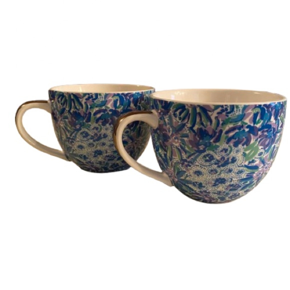 Lilly Pulitzer Floral Mugs Blue Purple & Green w/ Gold Accents Set of 2 Preppy